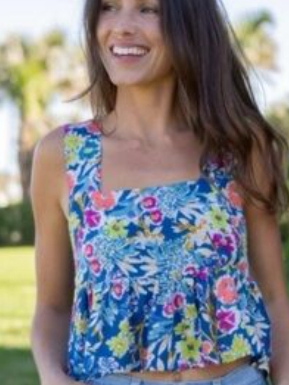 NATURAL LIFE Blue Floral Square-Neck Cropped Tank